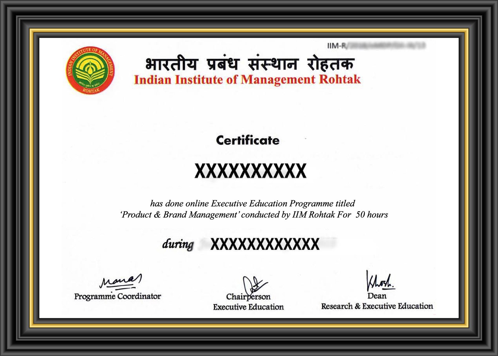 IIM Rohtak Certificate Sample